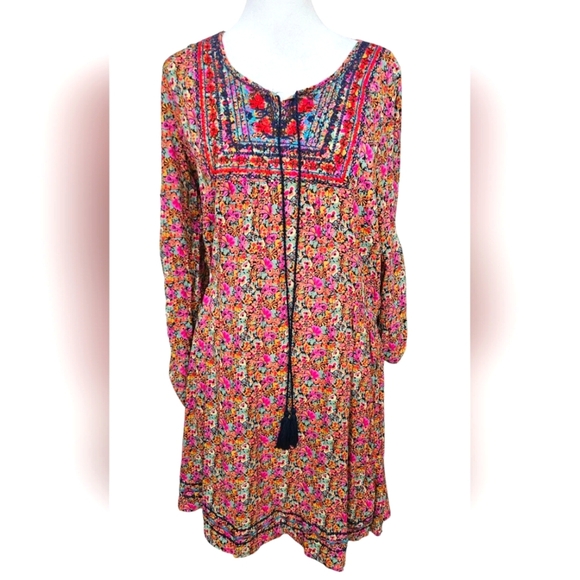 LOBAS Ditsy Floral Boho Flowy Shift Long Sleeve Mini Dress. Pink Multi. Size Med - Picture 1 of 14